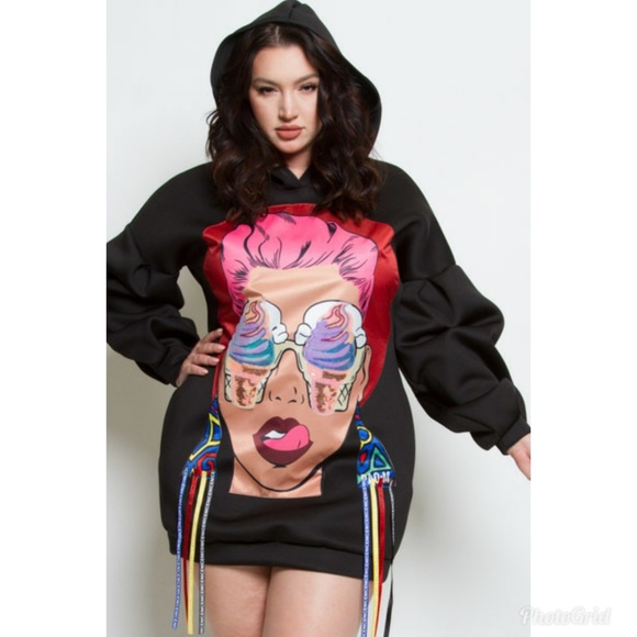 PLUS  LONG SLEEVES SOLID TRENDY MINI DRESS HOODIE - Picture 2 of 6